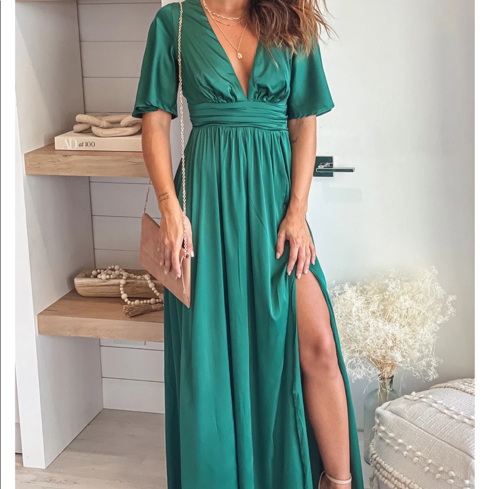 Hunter Green Satin V-Neck Maxi Dress With Slit